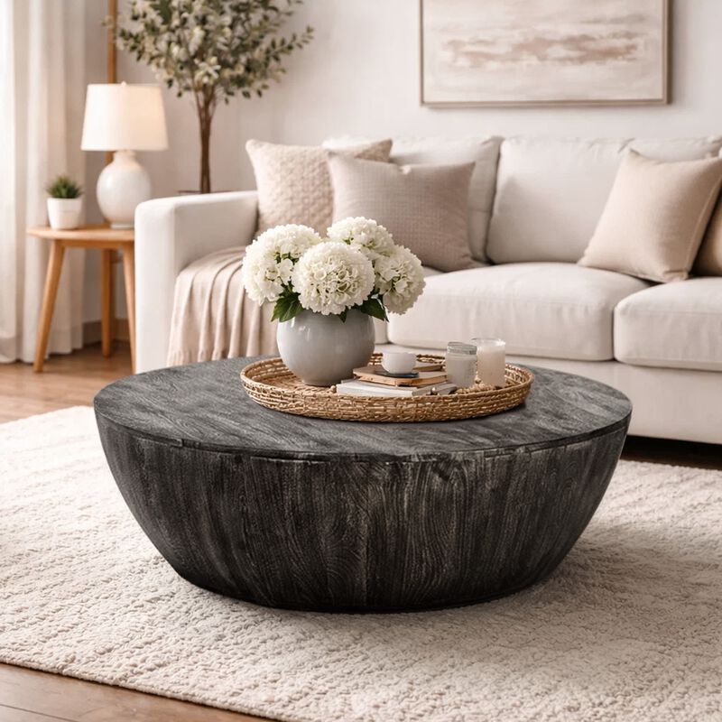 Arthur 36 Inch Farmhouse Style Handcrafted Mango Wood Coffee Table, Round Drum Shape, Sandblasted Black image number 8