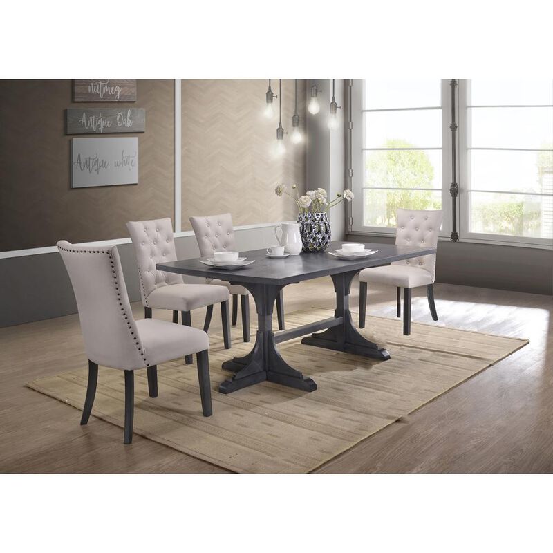 5 Piece Dining Set, Weathered Gray Dining Table & 5 Side Chairs in Beige Linen