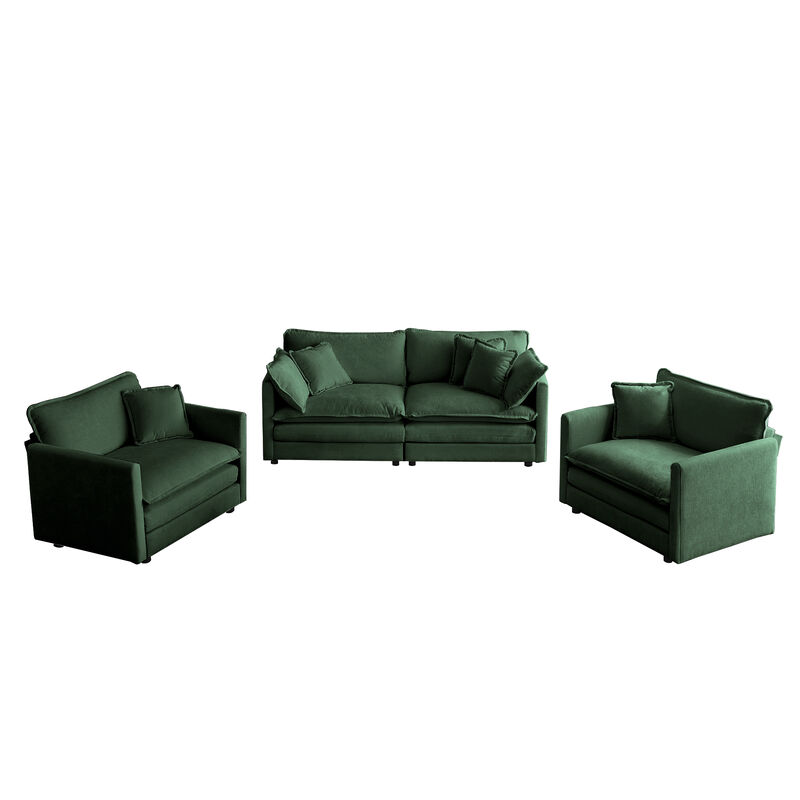 TATEUS 3 Piece Casual Sofa Set Green Chenille, 2 Arm Chairs + Loveseat with Arm & Toss Pillows, Small Space Living Room