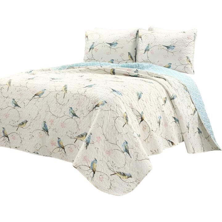 Reversible Polyester Lightweight Floral Birds 3 Piece Quilt Set