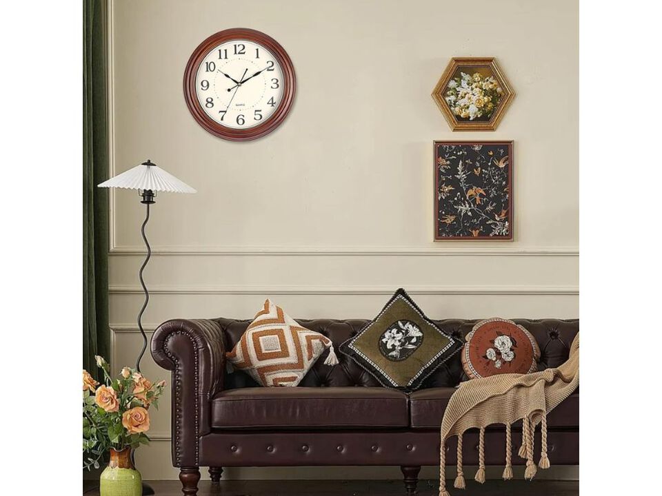 12 Inch Wooden Wall Clock Retro Style Silent Battery Operated for Living Room Bedroom Housewarming Xmas New Year Gift
