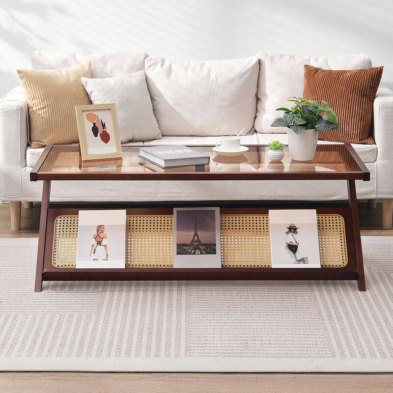 Modern Storage Mid Century Coffee Table with WickerLegs for Living Room