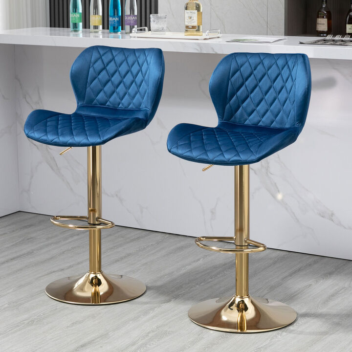 Dark Blue Velvet Adjustable Swivel Bar Stools Set Of 2 Modern Counter Height Barstools With Golden Color Base