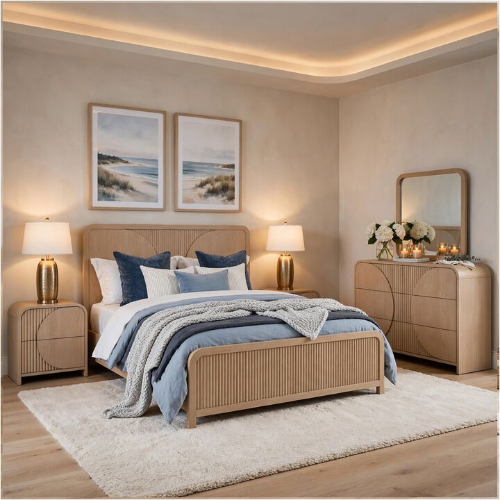 Tanya 5pc Queen Bedroom Set with 2 Nightstands,  Reeded Brown Wood