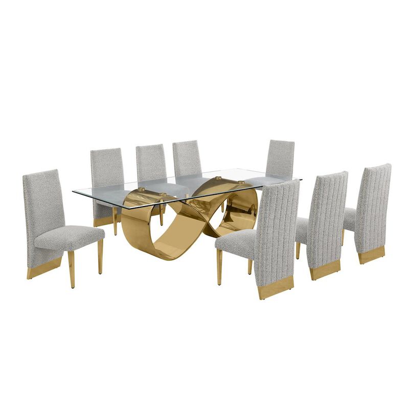 Best Quality Furniture 9Pc Tempered Glass Dining Set With 8 Rich Gray Boucle Chairs And Gold Base