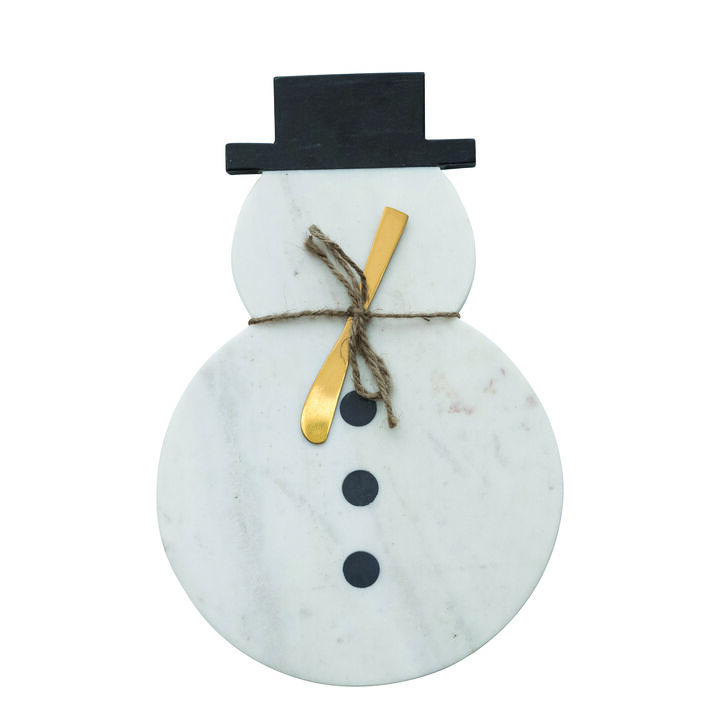 Marble Snowman Shaped Cheese and Cutting Board with Stainless Steel Canape Knife, White, Black and Gold Finish