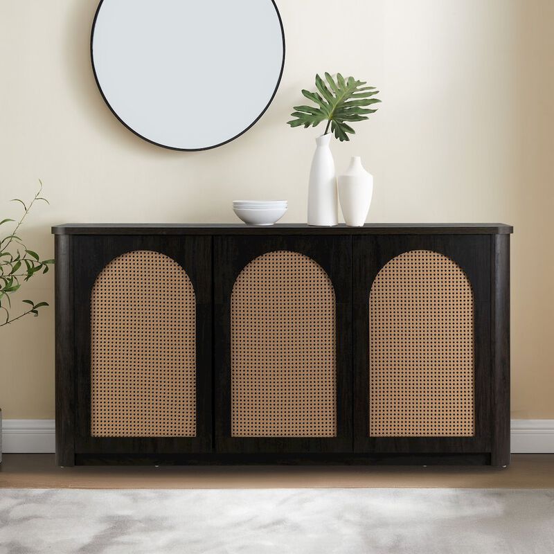 Glamour Home Bistra Brown Three Door Walnut Wood Sideboard with Rattan Doors