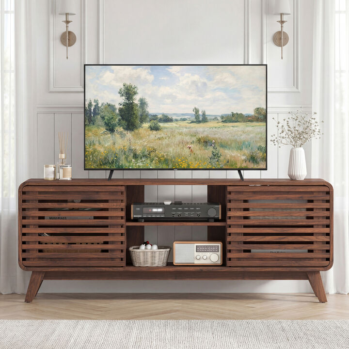 Modern Entertainment Center with Grille Style Sliding Doors for Living Room