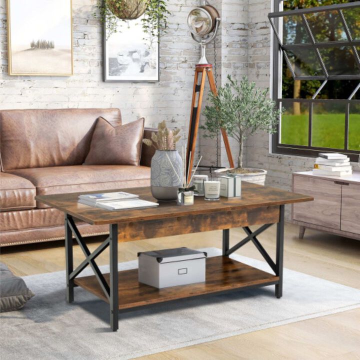 2-Tier Industrial Coffee Table with Storage Shelf