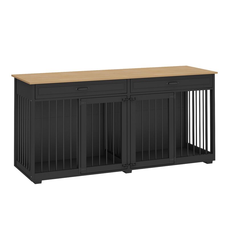 Black Large Dog Crate, Wooden Dog Kennels with Drawers and Divider, Modern Heavy Duty Indoor Dog House Cage for 2 Dogs