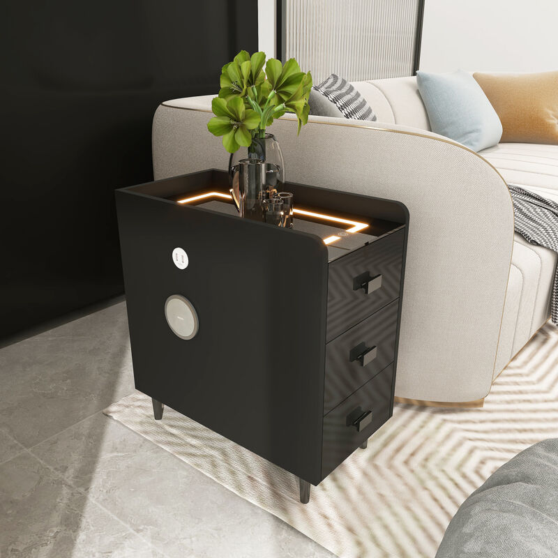 LED Nightstand with Wireless Charging Station, Small Side Table for Small Spaces, Narrow End Table with Storage, Bedside Table with 3 Drawers, Black Nightstand with Speaker and Bookrack
