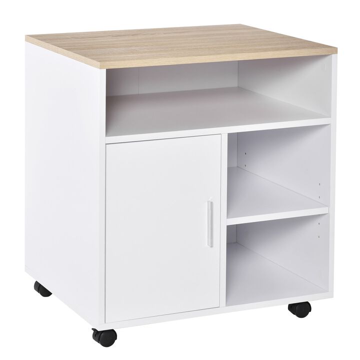 White Filing Cabinet/Printer Stand: Cabinet for filing and printer stand, featuring open storage shelves and an easy drawer for home or office use.