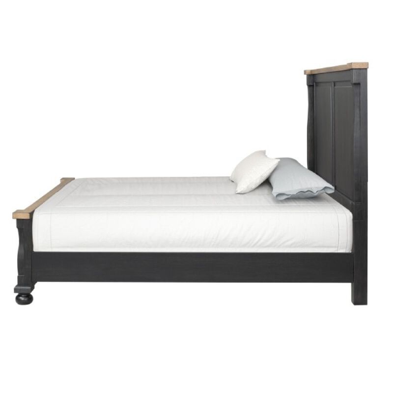 Ginie King Bed, Tall Headboard, Farmhouse Legs, Black Oak Brown Oak - Benzara