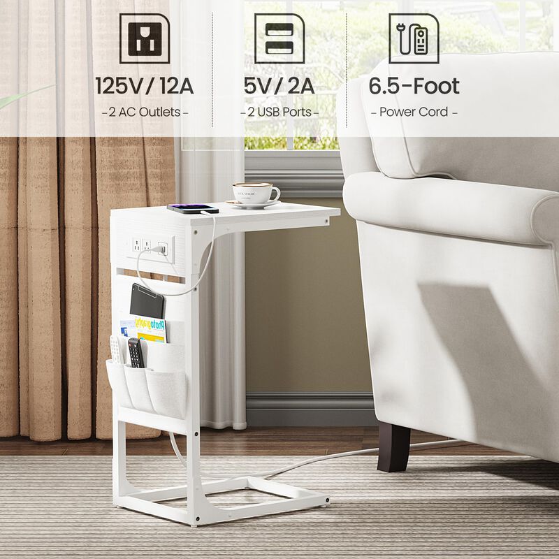 TUTOTAK C Shaped End Table with Charging Station, Side Table for Sofa, Couch Table with Storage Bag, TV Tray Table with 2 USB Po