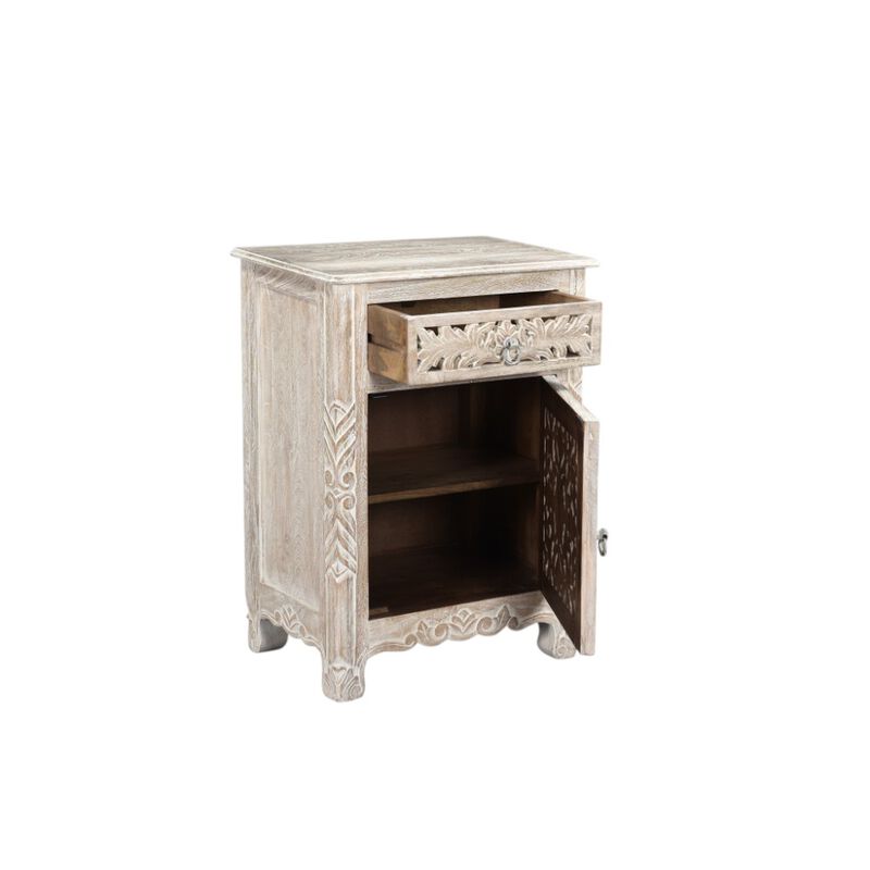 HomeRoots 30" Distressed White One Drawer Carved Floral Solid Wood Nightstand image number 3