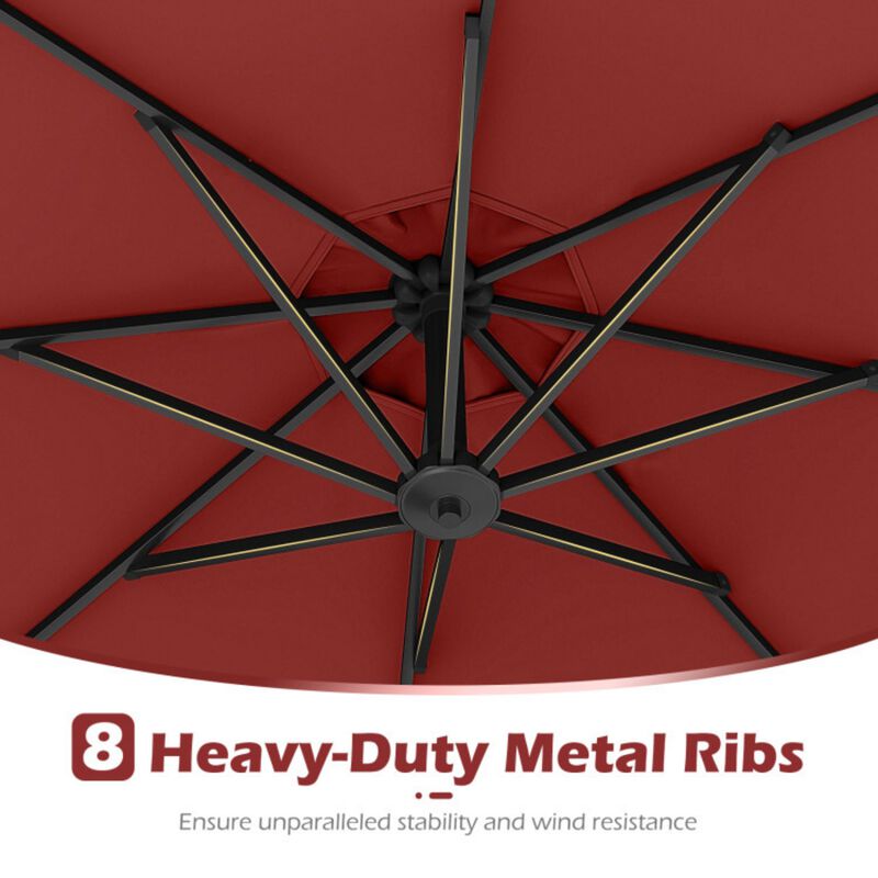 10 Feet Solar Offset Hanging Umbrella with Base and 32 LED Lights-Taupe image number 6