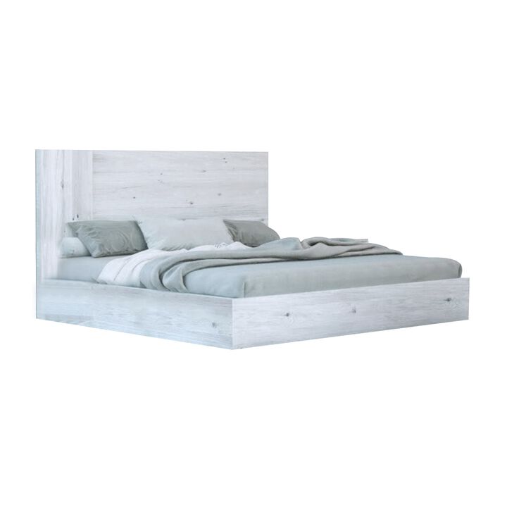 Noe Zid King Size Platform Bed, Panel Headboard, White Finish, Modern - Benzara