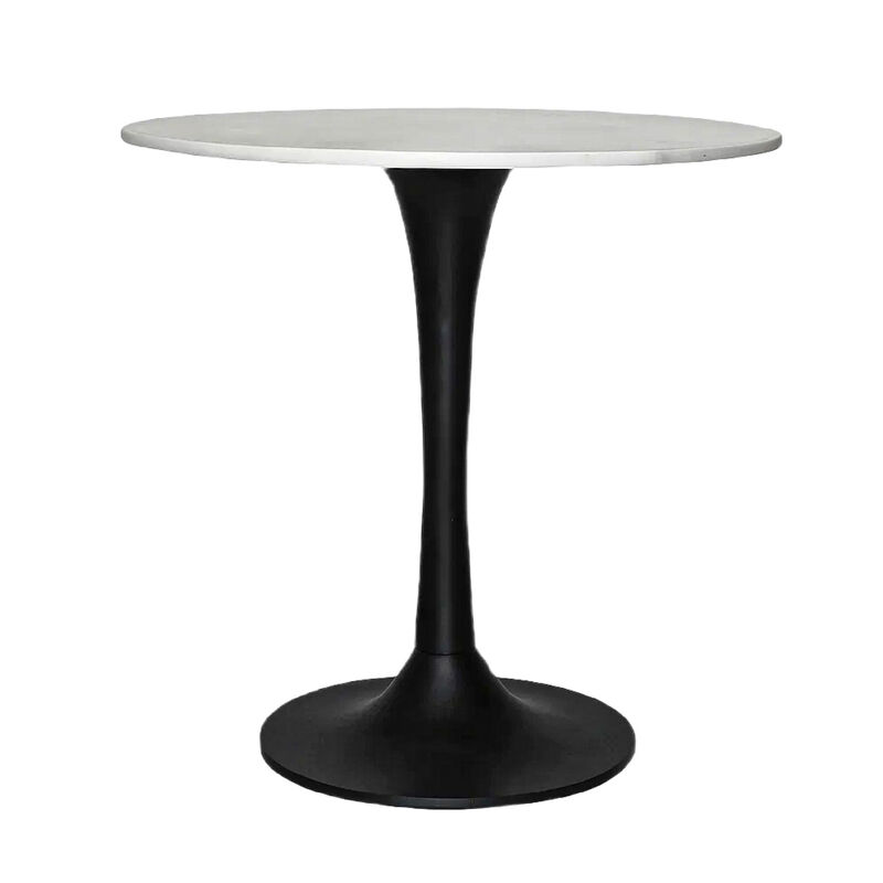 Mara Dining Table | 30 Inch Round White Genuine Marble Top | Black Metal Tulip Padestal Base