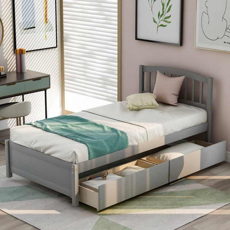 Whisen Elegant Design Twin Size Platform Bed with Two Drawers and Headboard - Gray