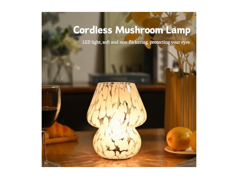 Cordless LED Battery Operated Glass Mushroom Lamp For Living Room Bedroom White image number 2