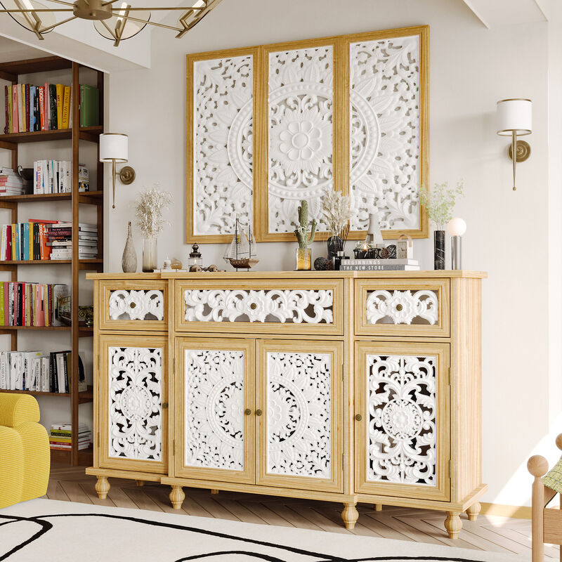 FUFU&GAGA Vintage Lace Carved White & Wood Tone Storage Cabinet, 3-Drawer Top with 4-Door Base and Matching Wall Panel, (59.1 in. W x 15.7 in. D x 35.4 in. H), White/Wood