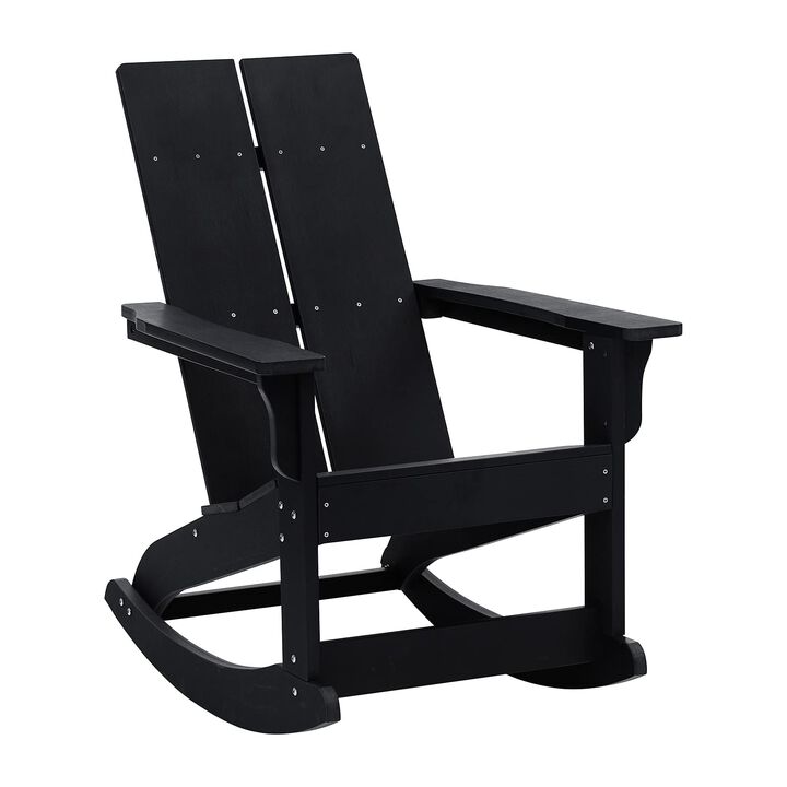 Flash Furniture Finn Modern Commercial Grade Poly Resin Wood Adirondack Rocking Chair - All Weather Black Polystyrene - Dual Slat Back - Stainless Steel Hardware