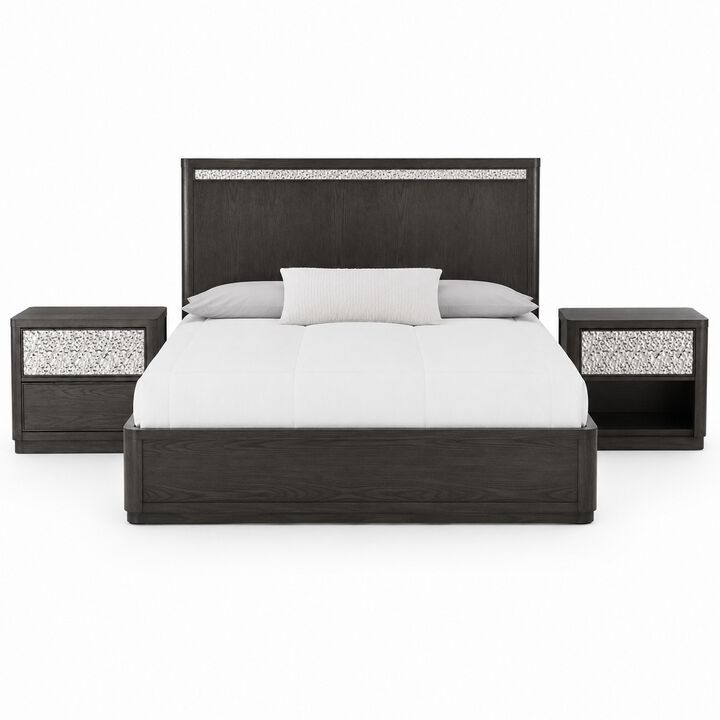 Queen Bedroom Set, Ash Gray, Chrome Wood, 3 Piece Set with 2 Nightstands