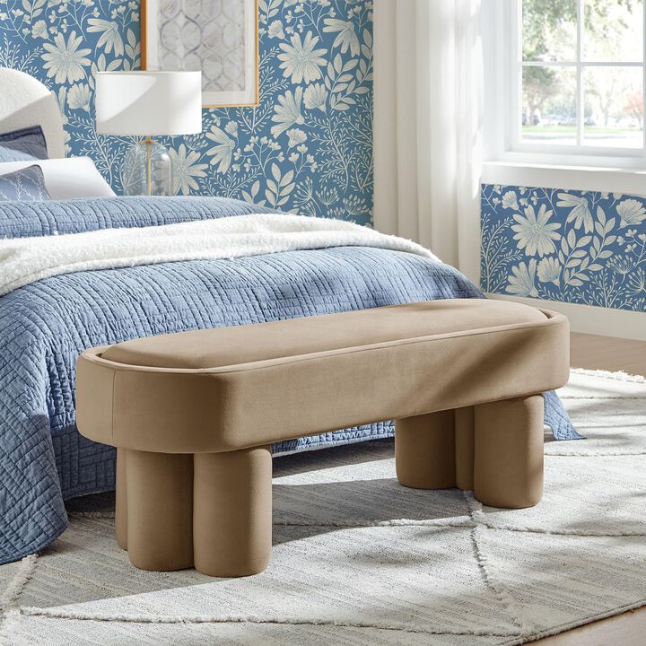 Modway Mossi 52-Inch Modern Oval Performance Velvet Bench in Alabster &ndash; Upholstered Accent Bench with Cylindrical Clover-Leg Base for Bedroom, Entryway, or Living Room