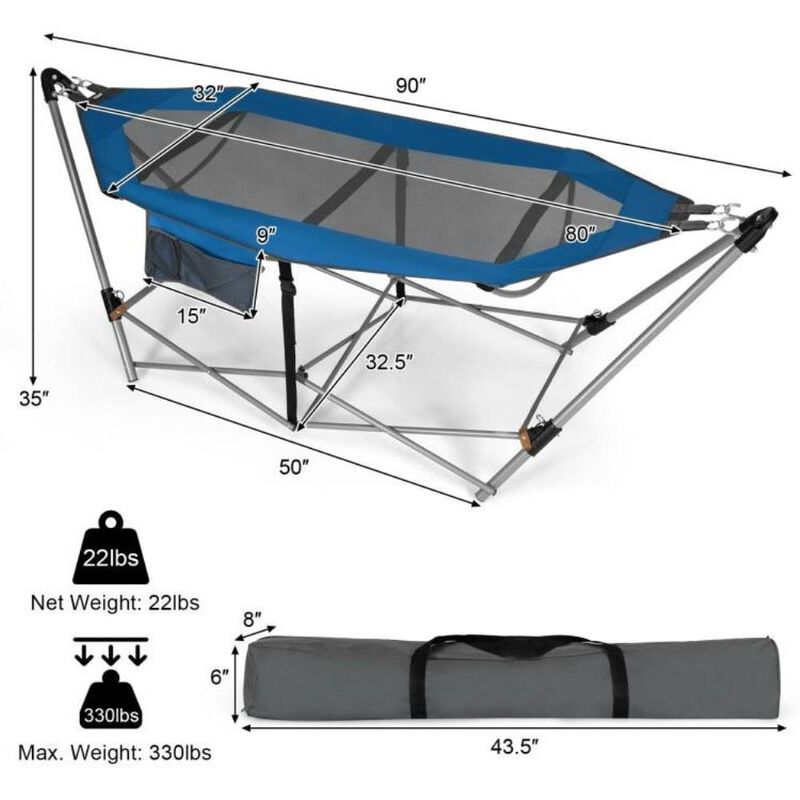 Hivvago Blue Portable Camping Foldable Hammock with Stand and Carry Case