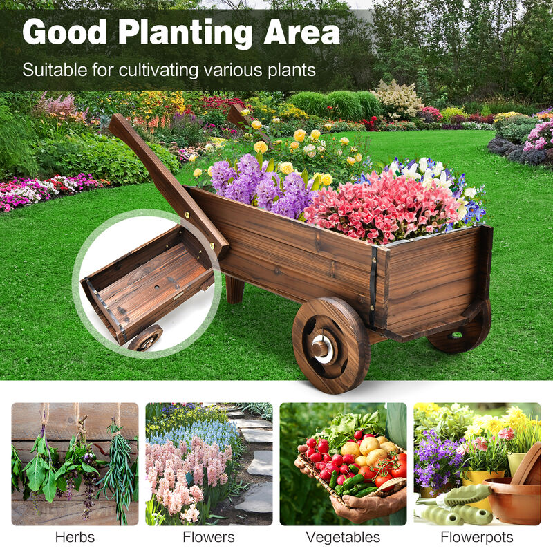 Wooden Wagon Planter Box with Wheels Handles and Drainage Hole
