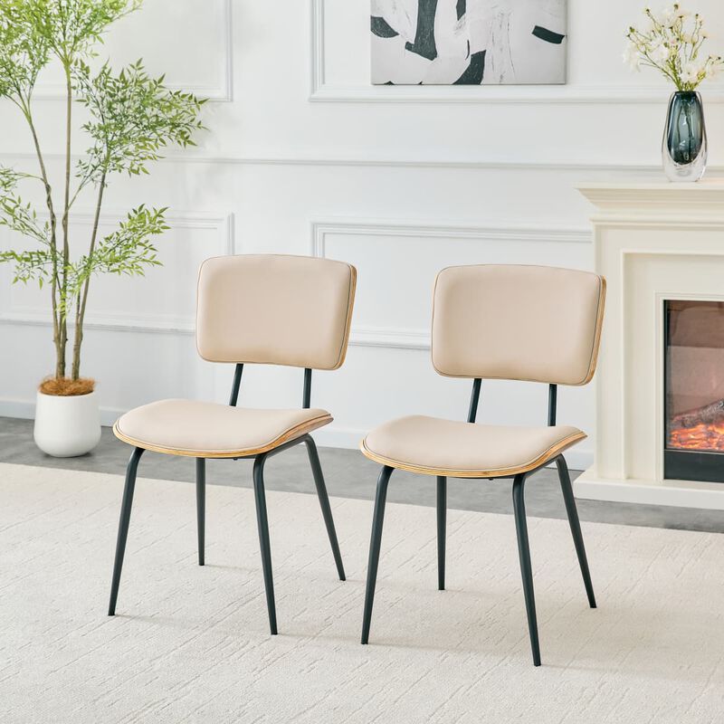Set of 2 Dining Chairs Faux Leather Open Back Walnut Veneer Back Dining Chairs Metal Legs Leveling Feet image number 3