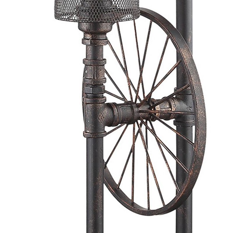 34 Inch Table Lamp, Drum Mesh Shade, Metal Base, Rustic Bronze Finish - Benzara