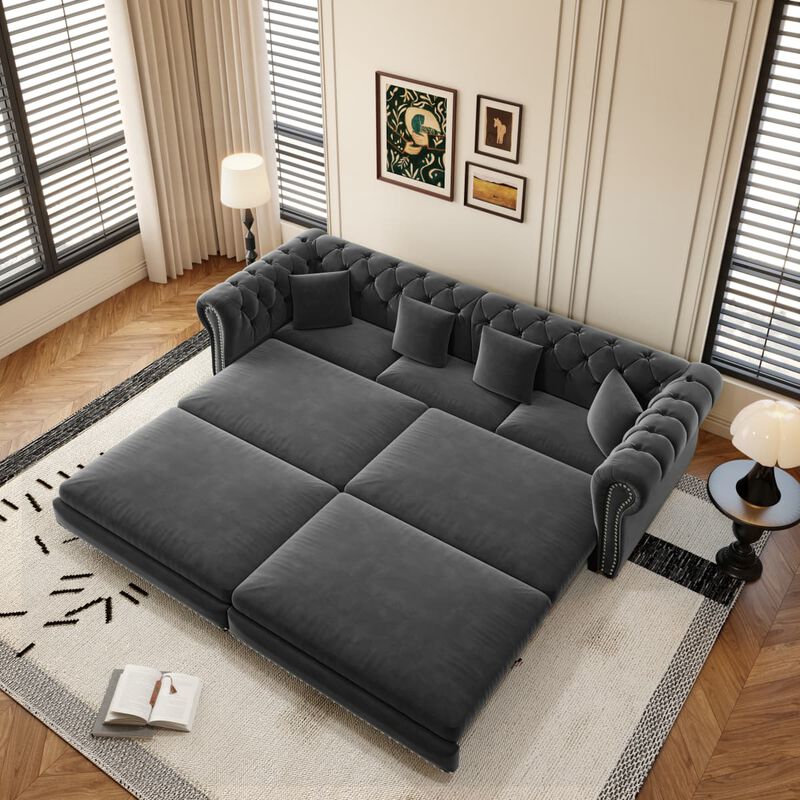 3-in-1 Pull-Out Sleeper Sofa, Velvet Chesterfield Sofa with Rolled Arms and Tufting, 89 Inch Convertible Sofa Bed with Ottoman image number 4