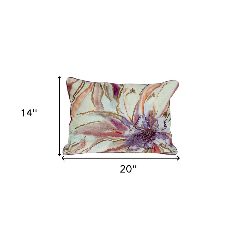HomeRoots 14" X 20" Pink and Purple Floral Cotton Throw Pillow With Sequins image number 5
