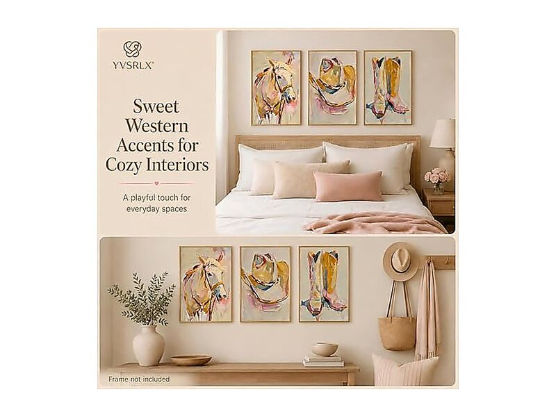 Set 3 Pink Cowgirl Wall Art 12 X 16 Inch Unframed Horse Western Hat Boots Girly image number 2
