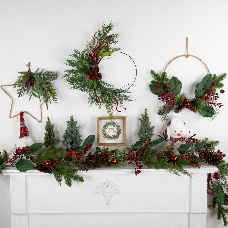 Mixed Greenery and Berry Artificial Asymmetrical Christmas Wreath  18-Inch  Unlit