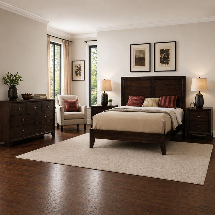 Queen Size Bedroom Set, Traditional Carved Wood Design, Brown Finish, 4-Piece Set with Bed, Nightstands and Dresser