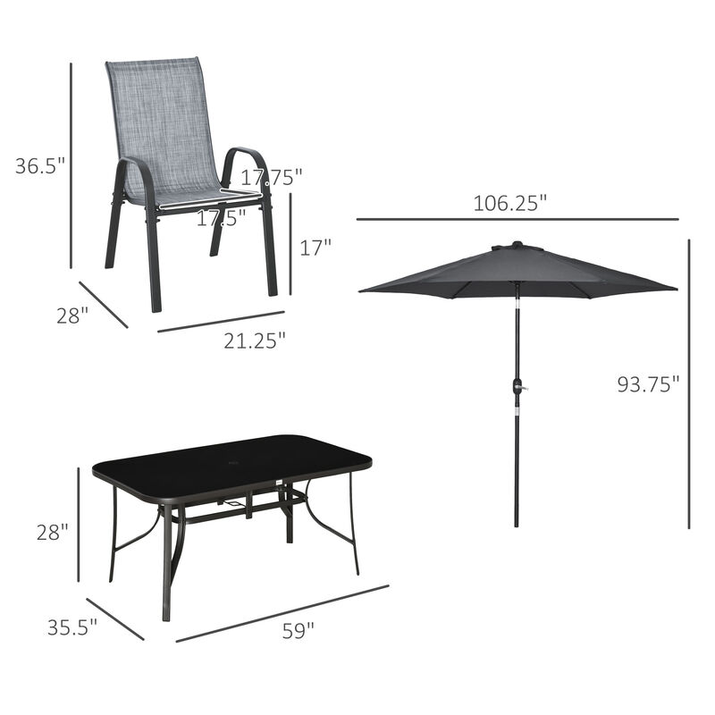 Outsunny 8 Pieces Patio Furniture Set with 9Ft Patio Umbrella, Outdoor Dining Table and Chairs, 6 Chairs, Push Button Tilt and Crank Parasol, Tempered Glass Top, Gray