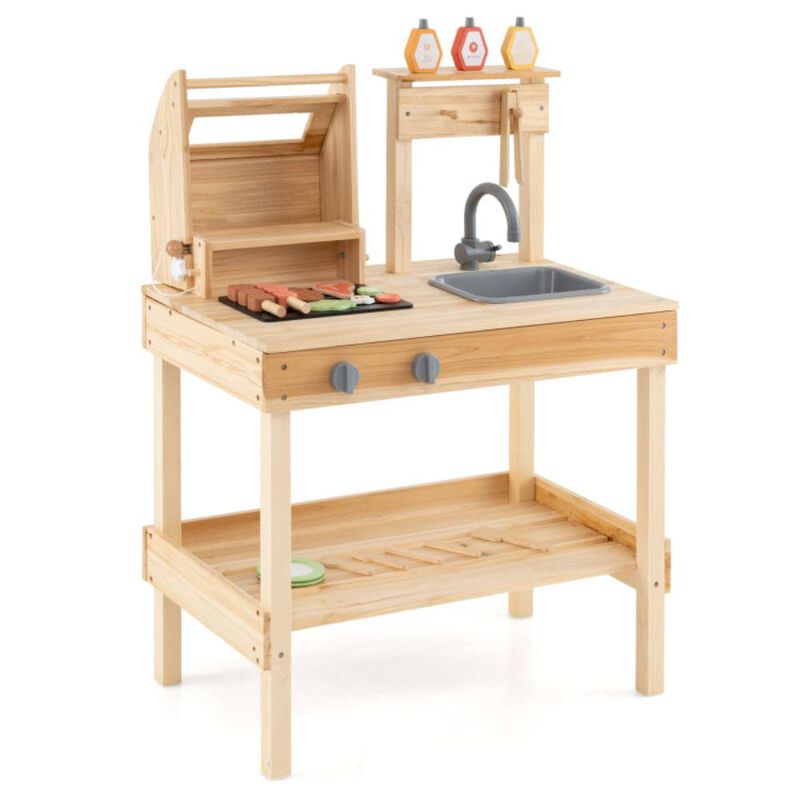 Hivvago Wooden Barbecue Grill Playset with Play Food and Open Shelves