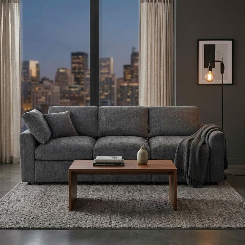 Chenille 3 seater sofa, U style deep seat couch with throw pillow, Contemporary living room sofa with solid wood frame image number 4