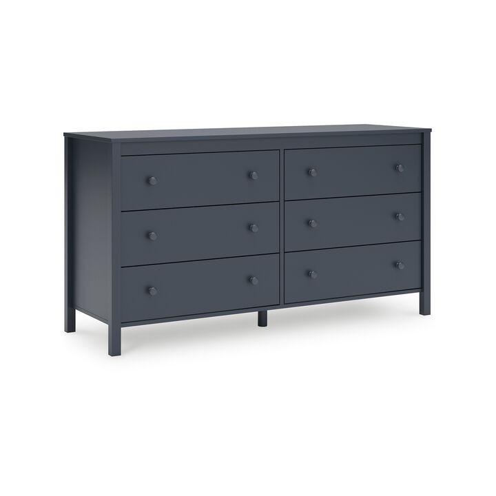 Cian Wide Dresser, 6 Drawers, Knob Handles, Navy Blue Wood, 61 Inch - Benzara
