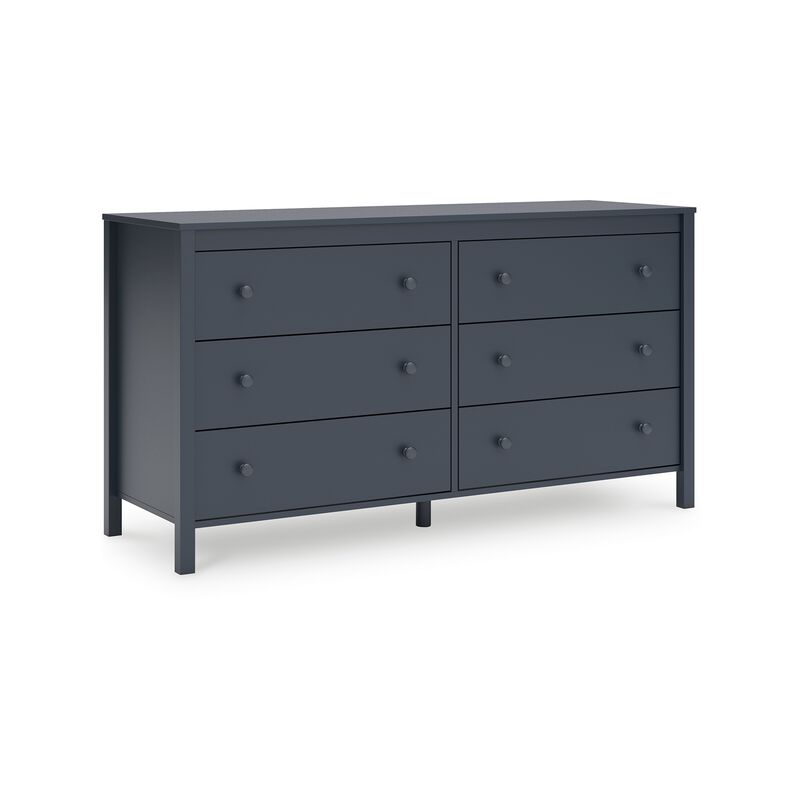 Cian Wide Dresser, 6 Drawers, Knob Handles, Navy Blue Wood, 61 Inch - Benzara