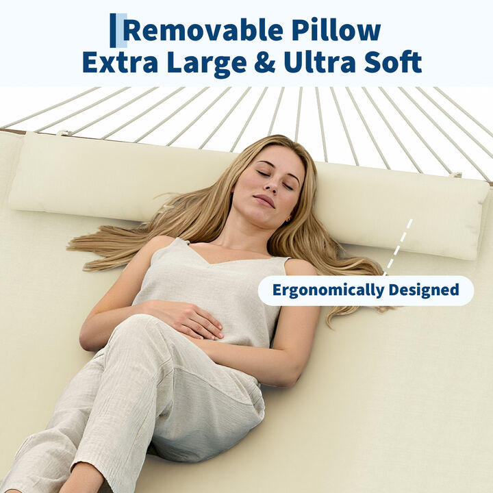 Double Hammock for 2 &ndash; Quilted, Spreader Bar, Removable Pillow, Adjustable Steel Frame, 500 lbs &ndash; Patio, Garden, Beach