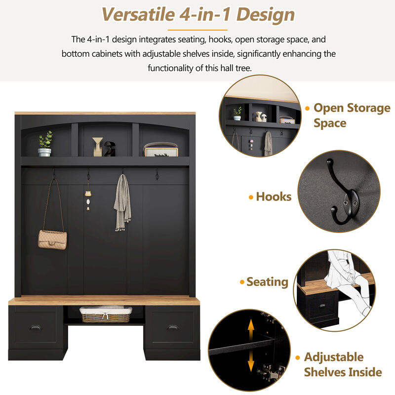 Merax Farmhouse 4-in-1 Hall Tree with Wood Grain Bench