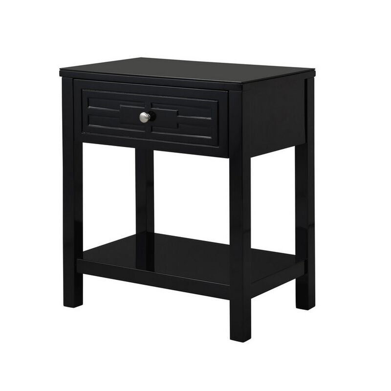 Fimo 27 Inch Nightstand with Drawer and Shelf, Glass Top, Modern Black Wood - Benzara