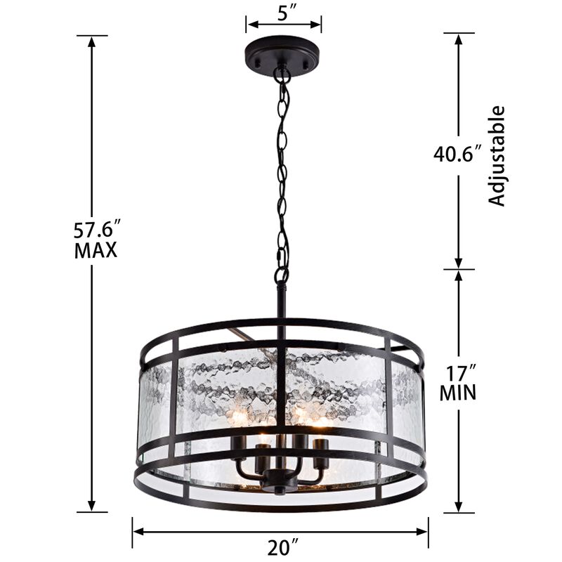 Bella 20" 4-light Water Textured Curved Glass Drum Round Chandelier - Black image number 8