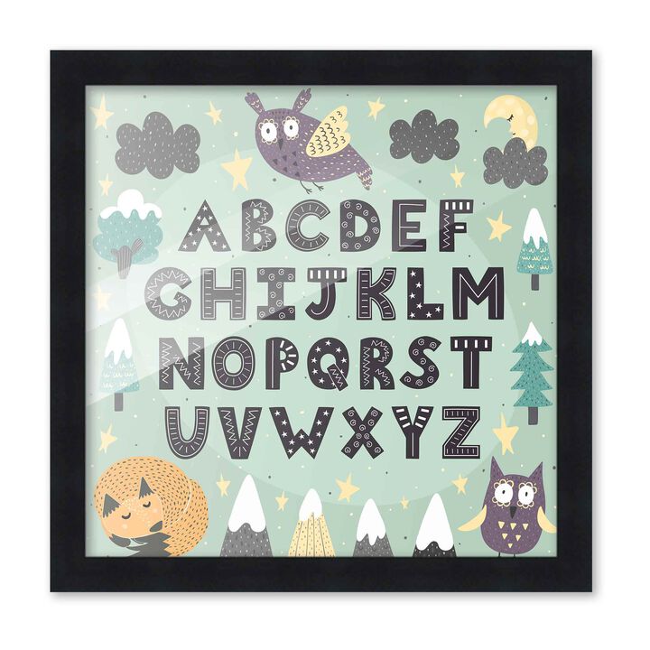 10x10 Framed Nursery Wall Art Hand Drawn Night Themed ABC Poster In Black Wood Frame For Kid Bedroom or Playroom