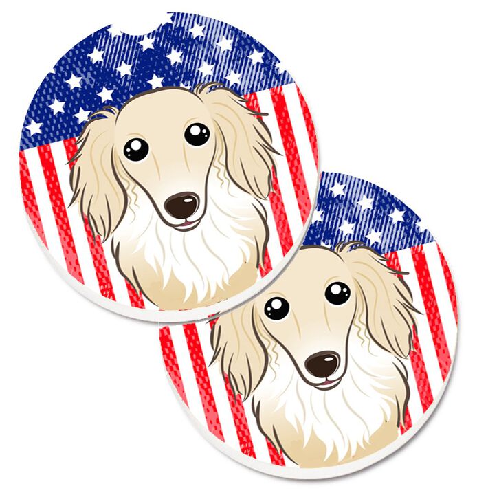 Caroline's Treasures American Flag & Longhair Creme Dachshund Set of 2 Cup Holder Car Coasters BB2142CARC, 2.56, Multicolor