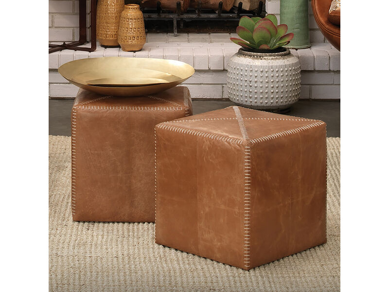 Buff Leather Small Ottoman