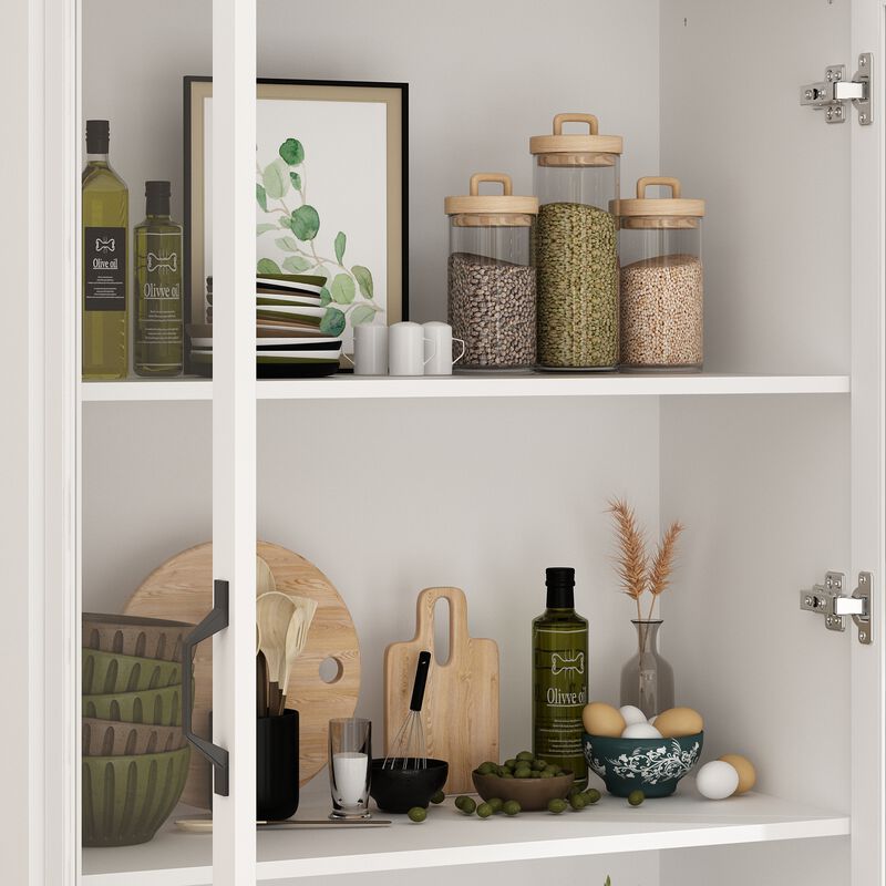FUFU&GAGA Kitchen Storage Cabinet with Glass Doors, Adjustable Shelves, and Drawer for Organization (31.5" W x 15.7" D x 78.9" H) White